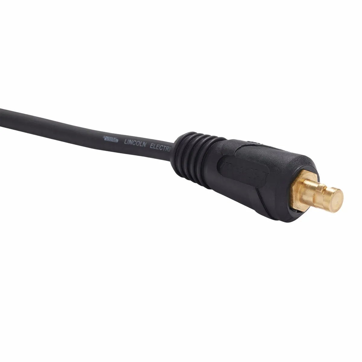 Close-up of a 12.5 ft cable with a gold-plated Twist Mate connector tip and textured plastic grip. The cable, used for a Lincoln Stick Electrode Holder, features Lincoln Electric text printed along its length.