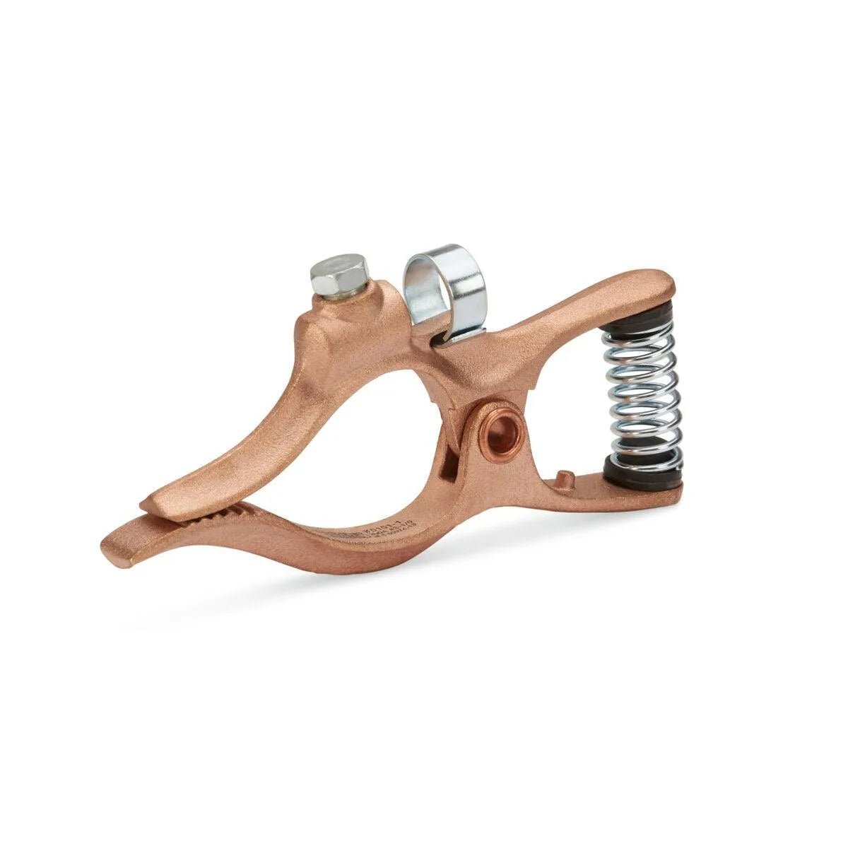 The Lincoln T-Series 300 Amp Brass Ground/Work Clamp K5151-1 features a brass body, a coiled silver spring near the jaw, a rounded handle, bolt fastener, and cylindrical connector. The clamp is shown angled to highlight its jaw and spring mechanism on a white background.