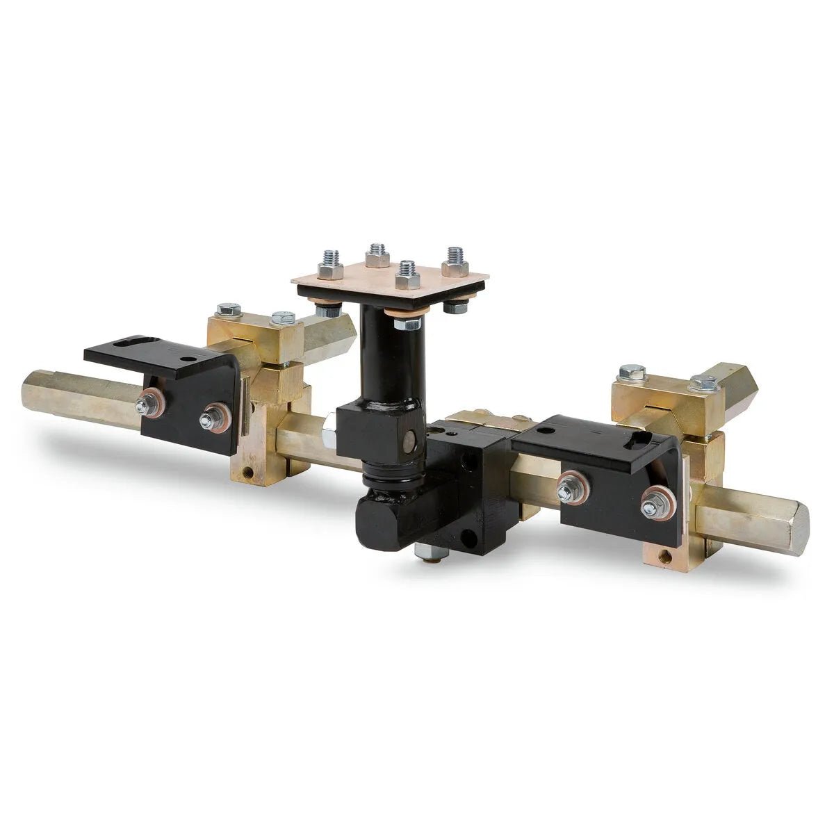 The Lincoln Tandem Arc Framework Assembly K387 features a central vertical hydraulic cylinder, symmetrical clamps, bolts, metal plates, and black and gold Automatic Wire Feed Heads on a white background.
