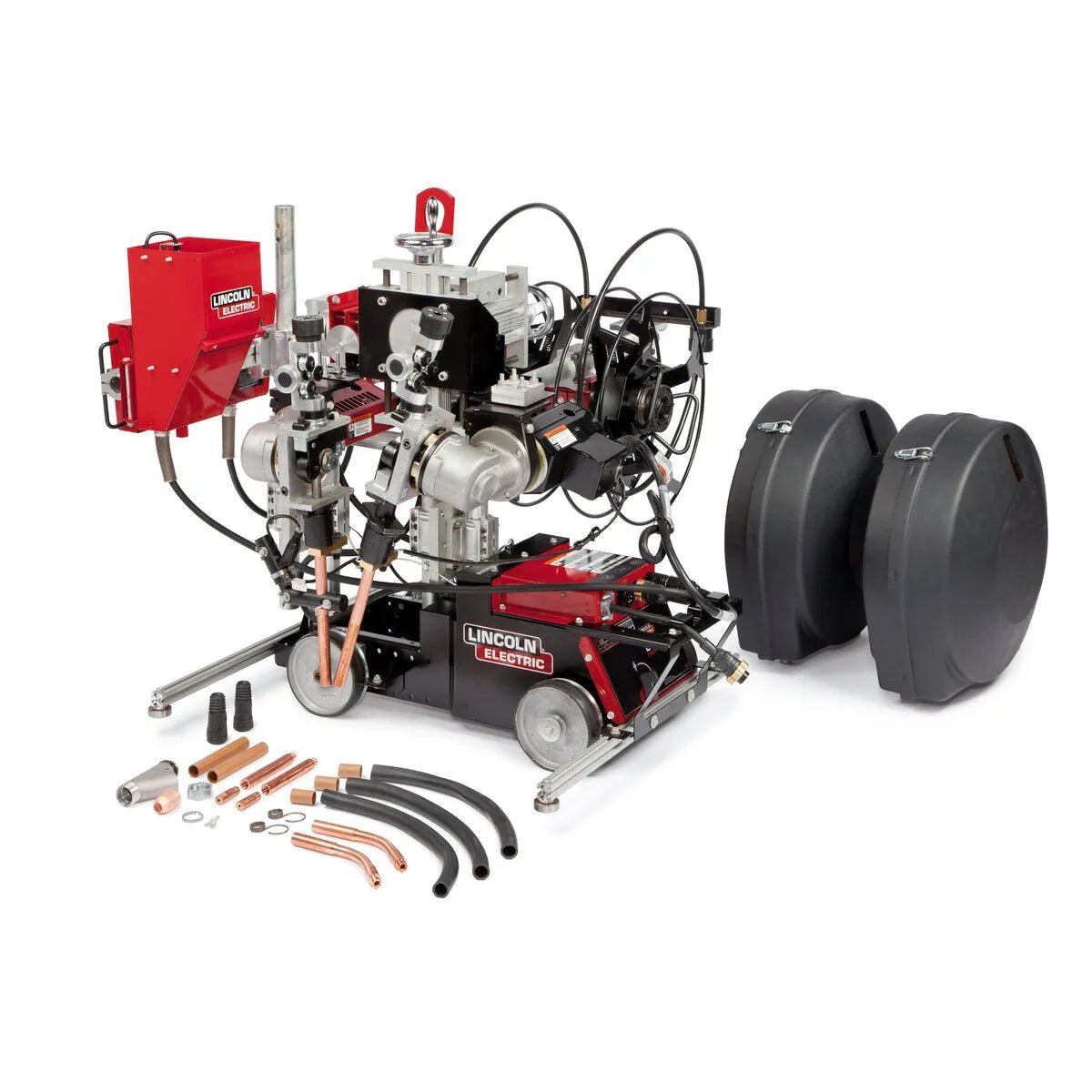 The Lincoln Tandem Cruiser Tractor K3083-1, built for plate welding, is shown with two large black wheels and various accessories such as clamps and connectors arranged in front of it on a white background.