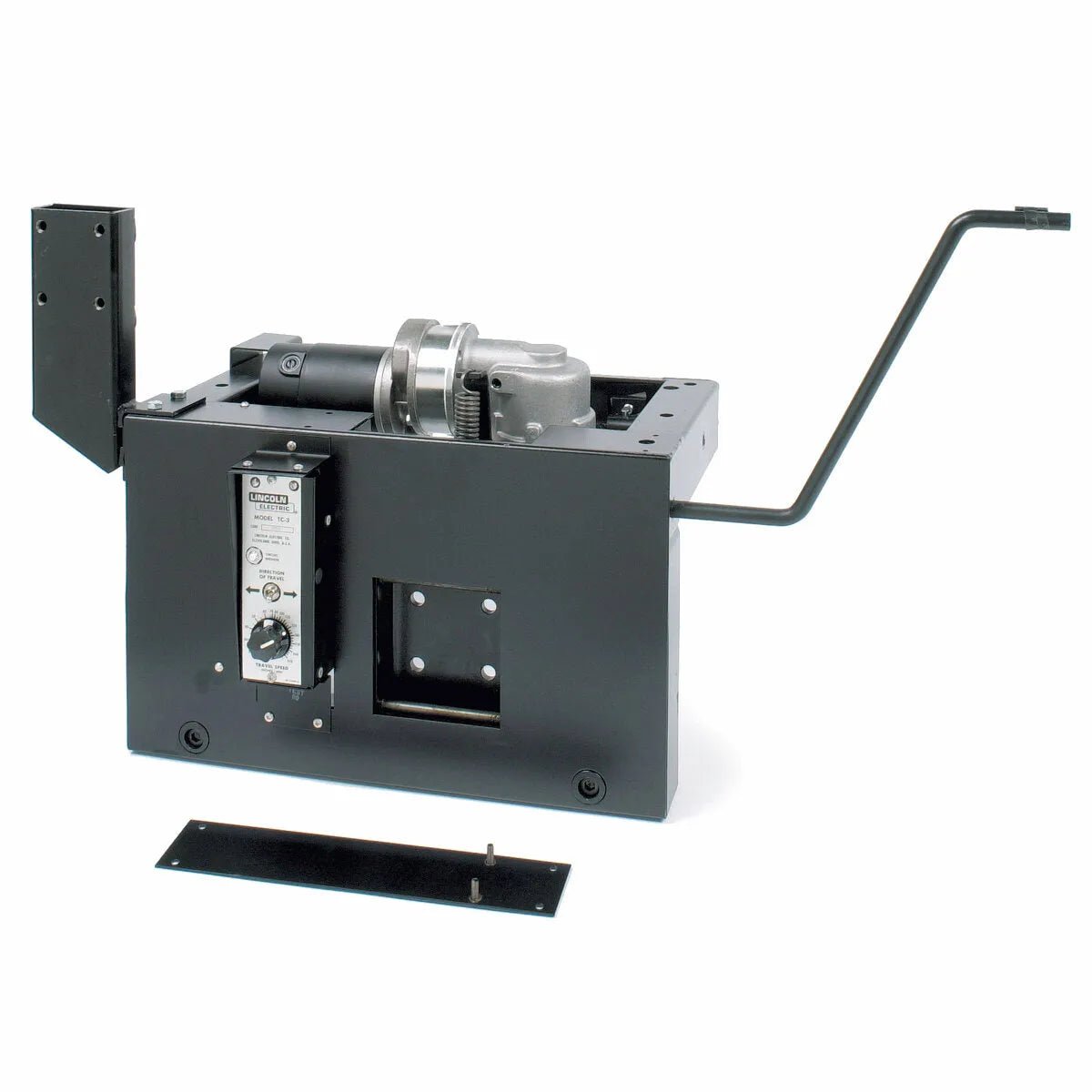 The Lincoln TC-3 Self-Propelled High Capacity Travel Carriage K325HCS is a black metal device with a right-extending handle, control panel, and rotary parts. A front metal plate with screws is visible. Unit shown on a white background.