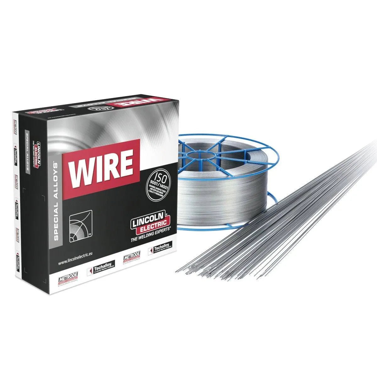 Lincoln ER90S-B3 welding wire spool, TER90SB3-24 box, and fanned welding rods for alloy steel at high temps—WeldingMart tools.