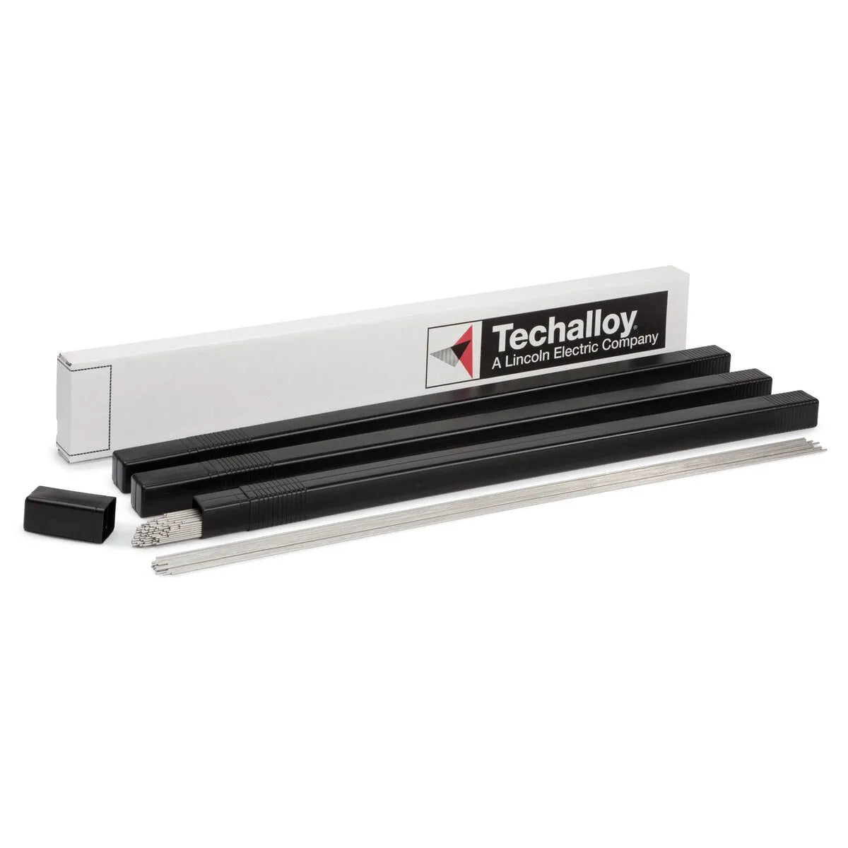 Lincoln Techalloy 718 TIG Welding Rod 1/8", 10lb tube, black cases opened to show rods, aircraft welding tool on white background.