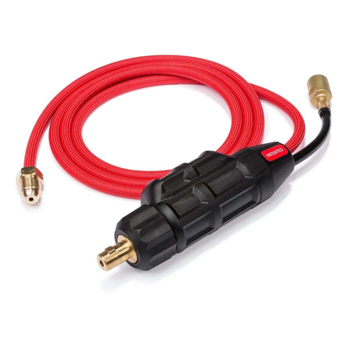 A red flexible hose with brass connectors attached to a black and red Twist Mate Adapter, perfect for use with PRO-Torch TIG Torches or a TIG Adapter Kit.