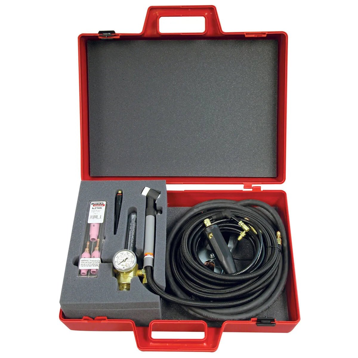 A red plastic carrying case with foam inserts holds various TIG welding tools, including an air-cooled TIG torch, hoses, a gauge, a torch handle, and welding accessories neatly arranged inside.