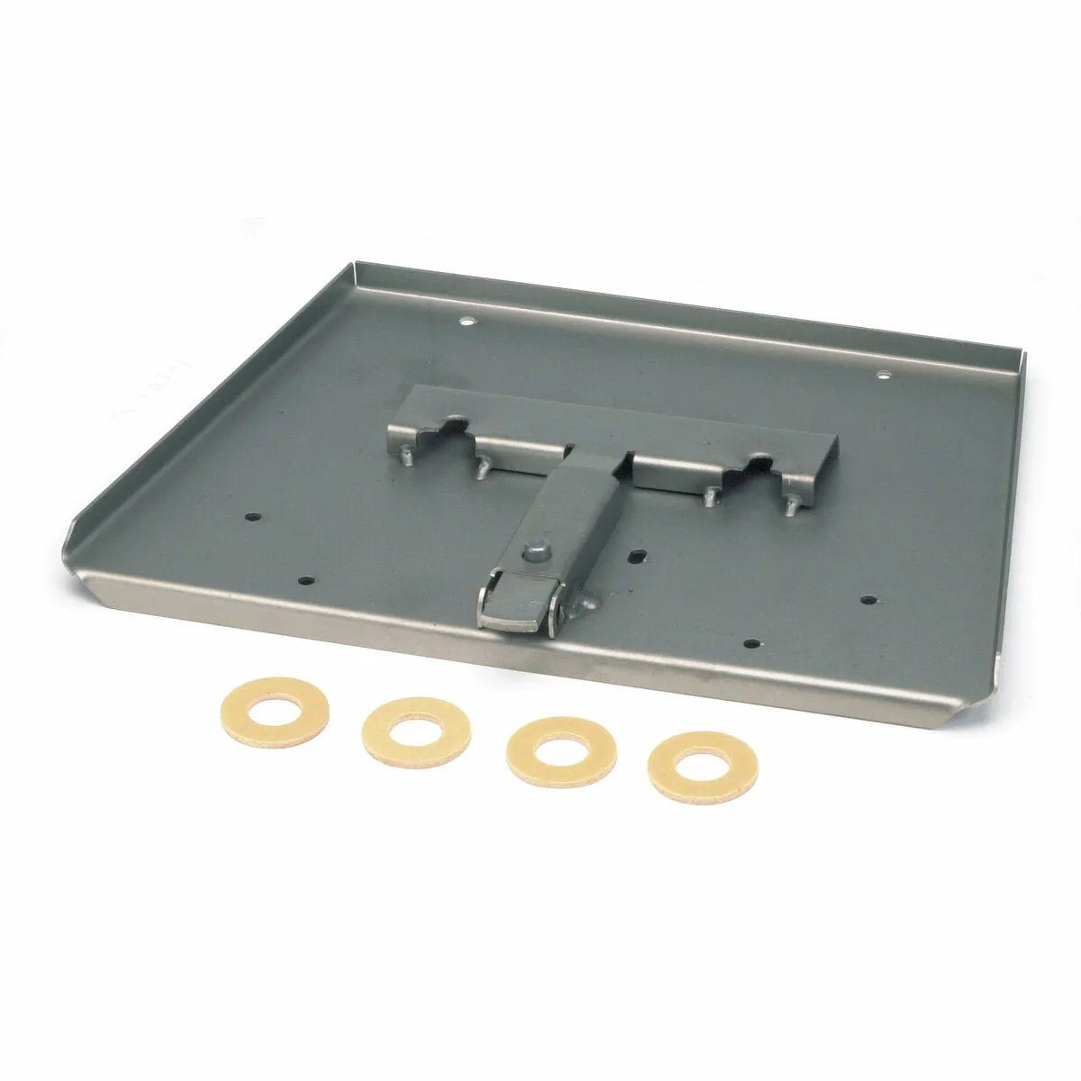 A rectangular metal mounting bracket, part of the Lincoln K939-1 TIG Module Docking Kit, features a central hinge and four round beige washers arranged in a row in front of it.