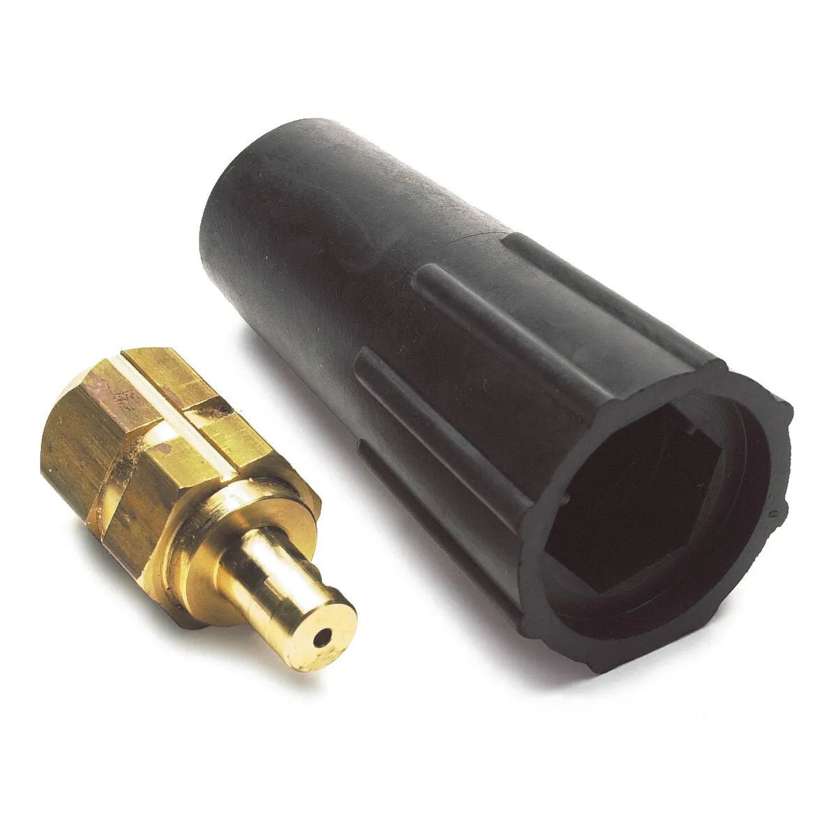 A brass pressure washer adapter with a nozzle and a black plastic cover, compatible with Lincoln TIG Adapter and PTA-26 Torches, lying next to each other on a white background.