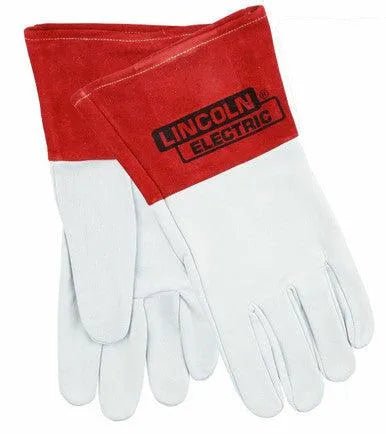Lincoln TIG Welding Gloves LRG (KH644L) feature white hands and red cuffs with the black LINCOLN ELECTRIC logo. Made from thick, durable material, they are ideal for industrial or welding use.