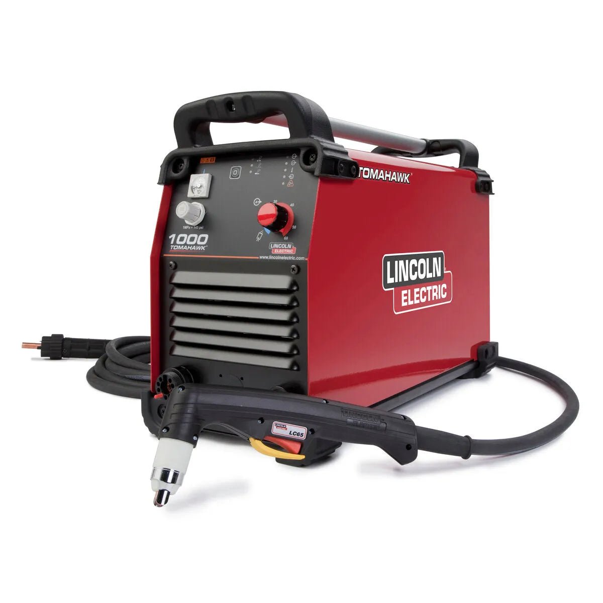 Lincoln Tomahawk 1000 Plasma Cutter K2808-1 with 25 ft torch, control knobs, gauges, top handle, cables; welding equipment.