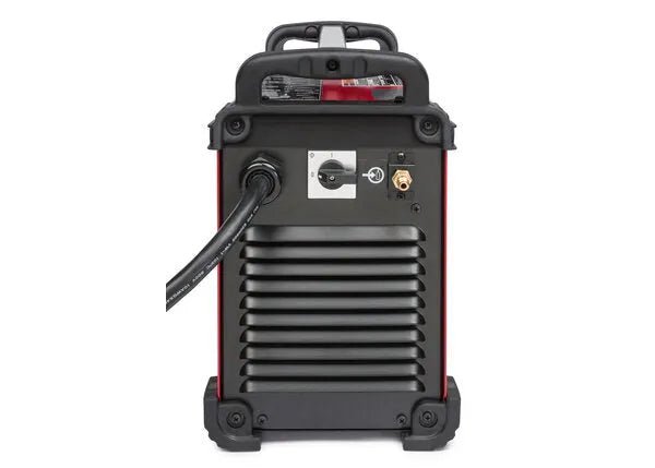 Lincoln Tomahawk 1500 Plasma Cutter U2809-1 rear view with handle, cooling vents, power cable, control knob, and brass connector.