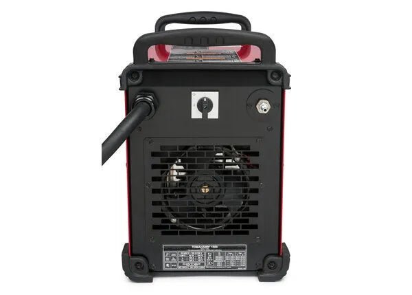 Lincoln Tomahawk 1500 Plasma Cutter rear view with cooling fan, power socket, and handle—welding equipment at WeldingMart.