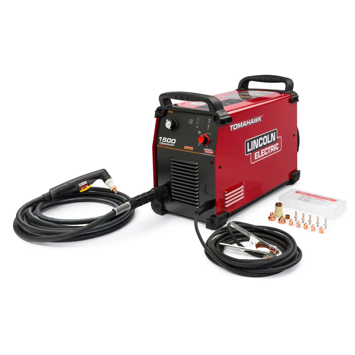Lincoln Tomahawk 1500 Plasma Cutter K3477-2 with 50 ft hand torch, nozzles, clamps, and cables—premium welding tool on white.