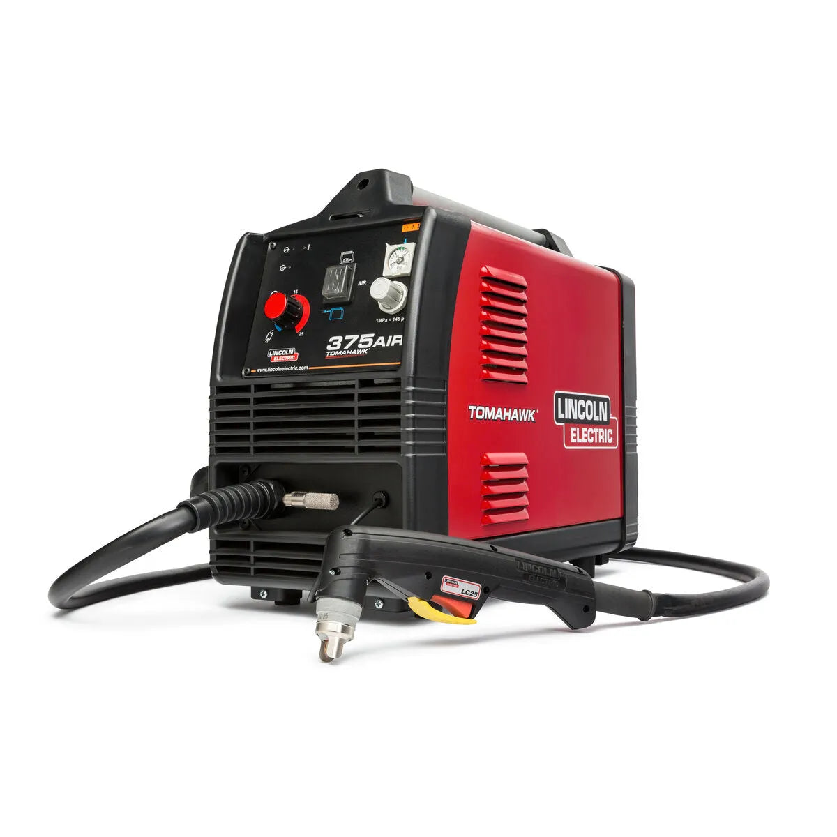 Lincoln Tomahawk 375 Air Plasma Cutter K2806-1, red/black, with air compressor, controls, display, torch for portable welding.