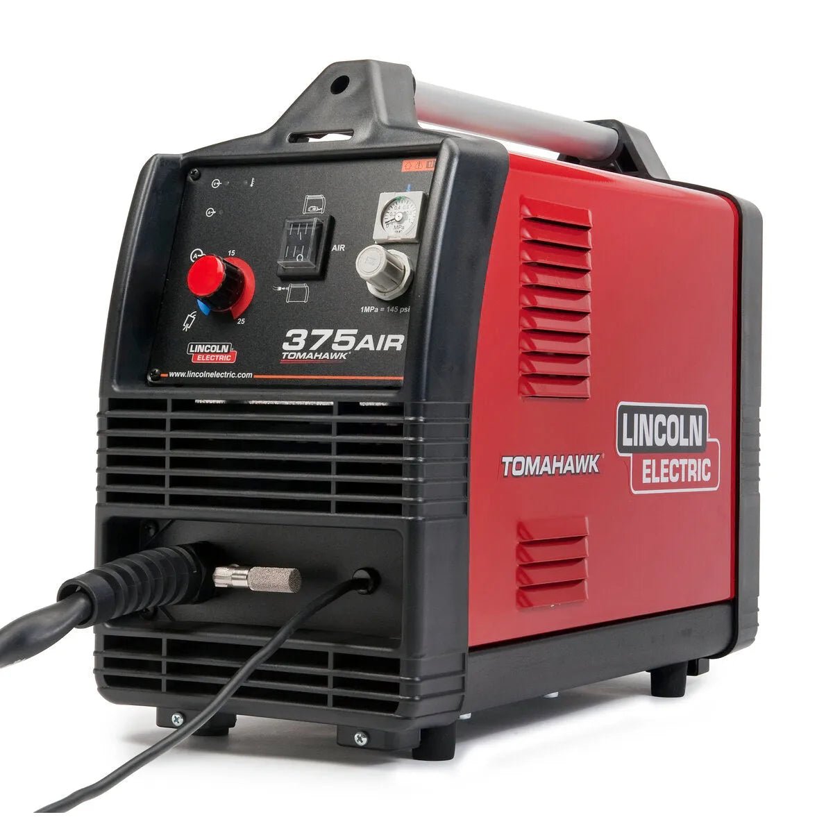 Lincoln Tomahawk 375 Air Plasma Cutter K2806-1 with built-in compressor, dials, and cords for welding, shown angled on white.