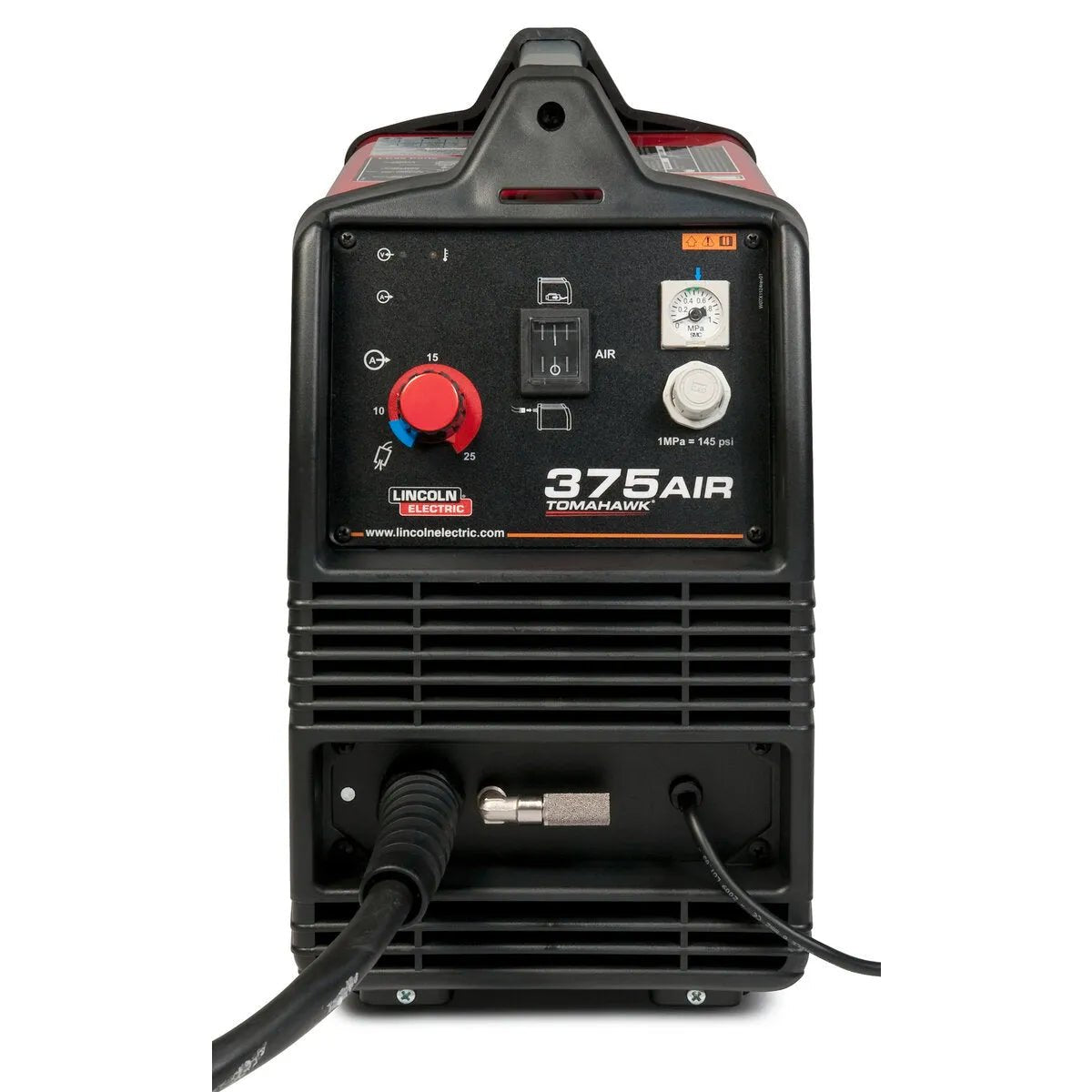 Lincoln Tomahawk 375 Air Plasma Cutter K2806-1 with compressor, control panel, and cable for portable welding and metal cutting.