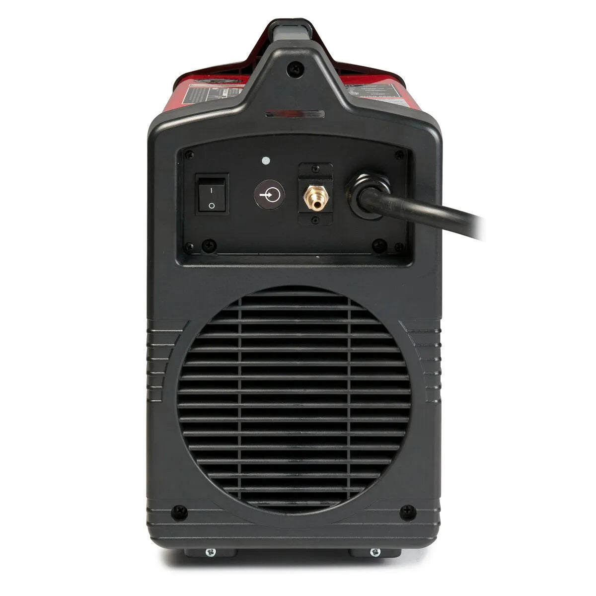 Lincoln Tomahawk 375 Plasma Cutter rear view with power cord, ventilation grill, welding tool cablesβideal for portable metal cutting.