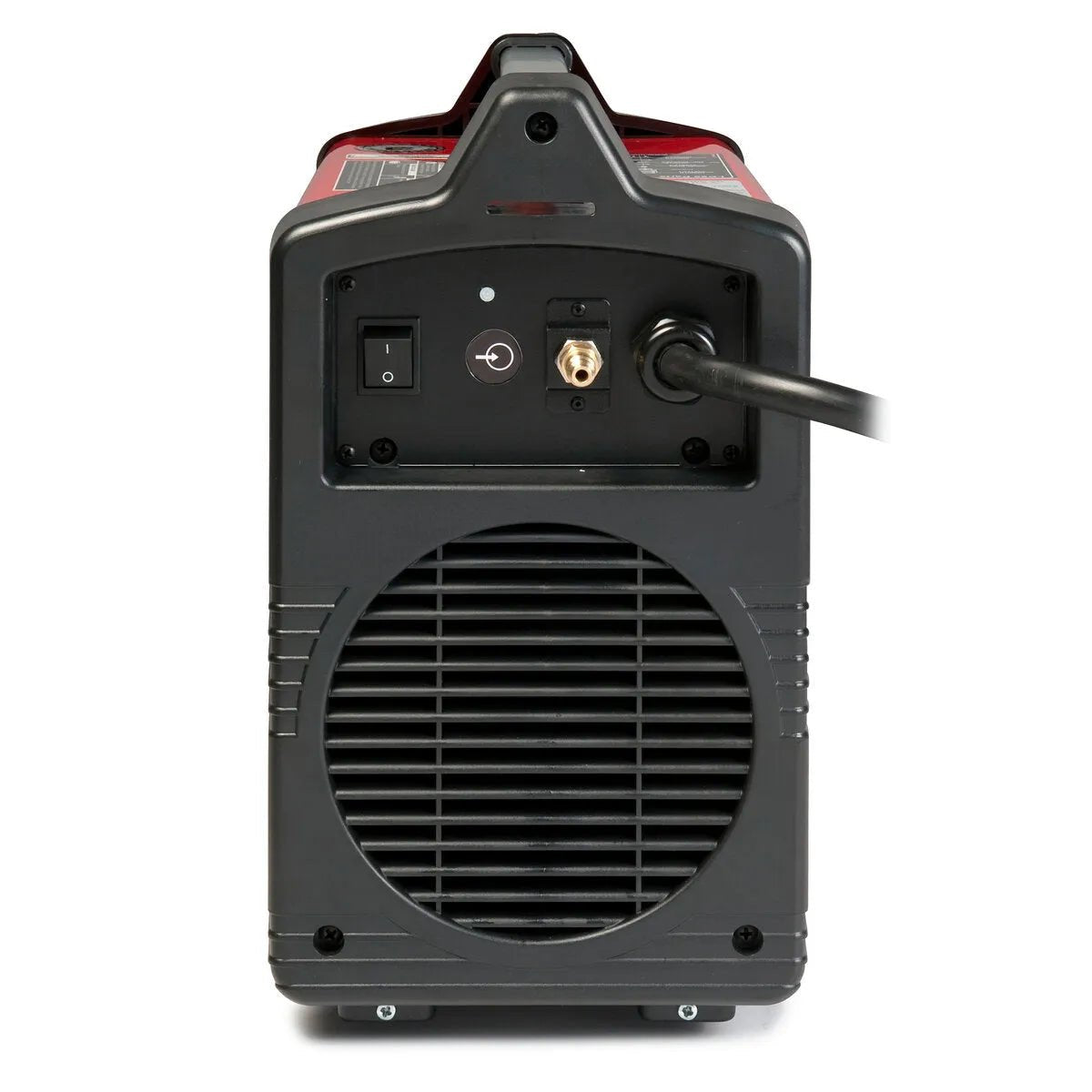 Lincoln Tomahawk 375 Plasma Cutter rear view with power cord, ventilation grill, welding tool cables—ideal for portable metal cutting.
