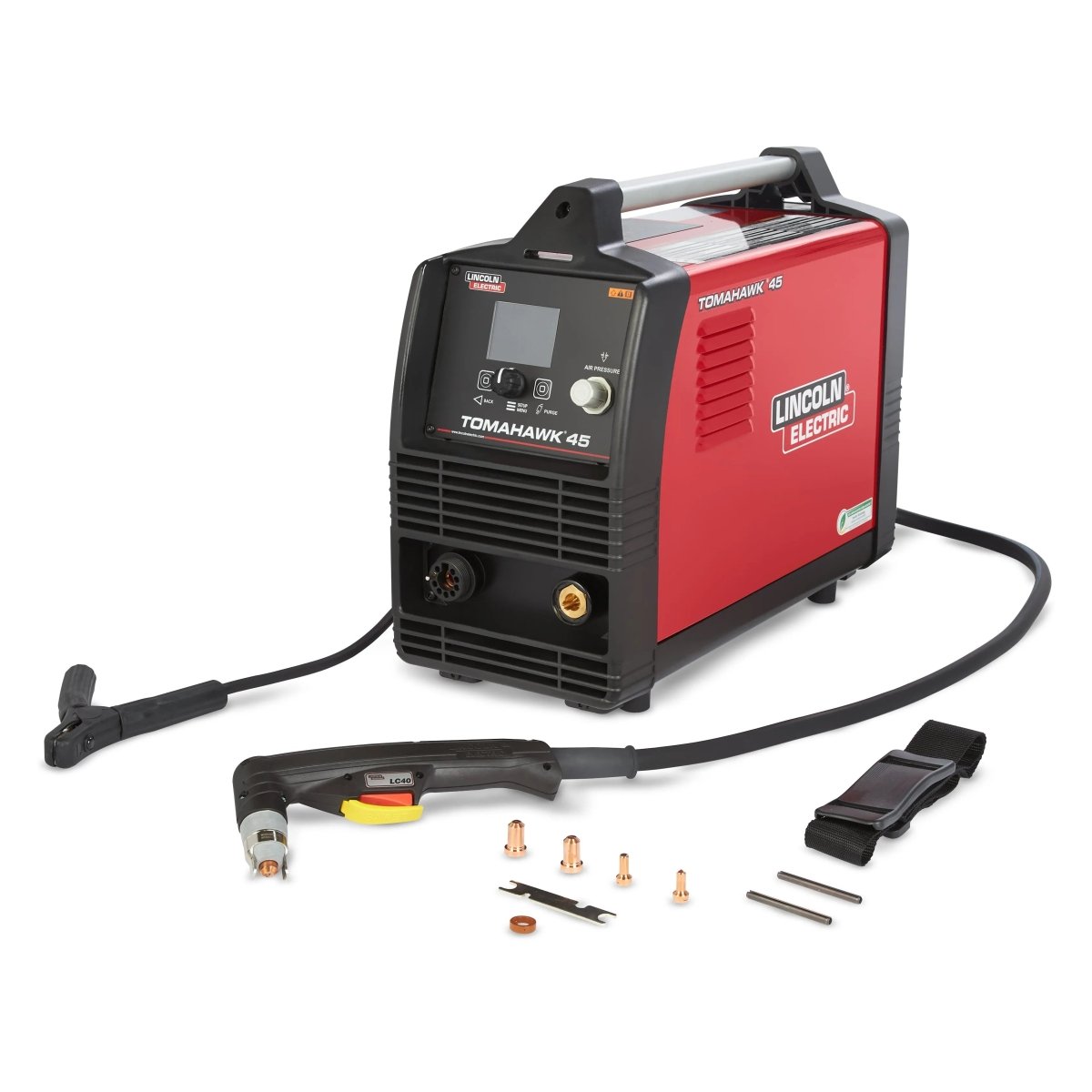 Lincoln Tomahawk 45 plasma cutter K5458-1 with 20' hand torch, welding clamp, strap, and metal accessories on white background.