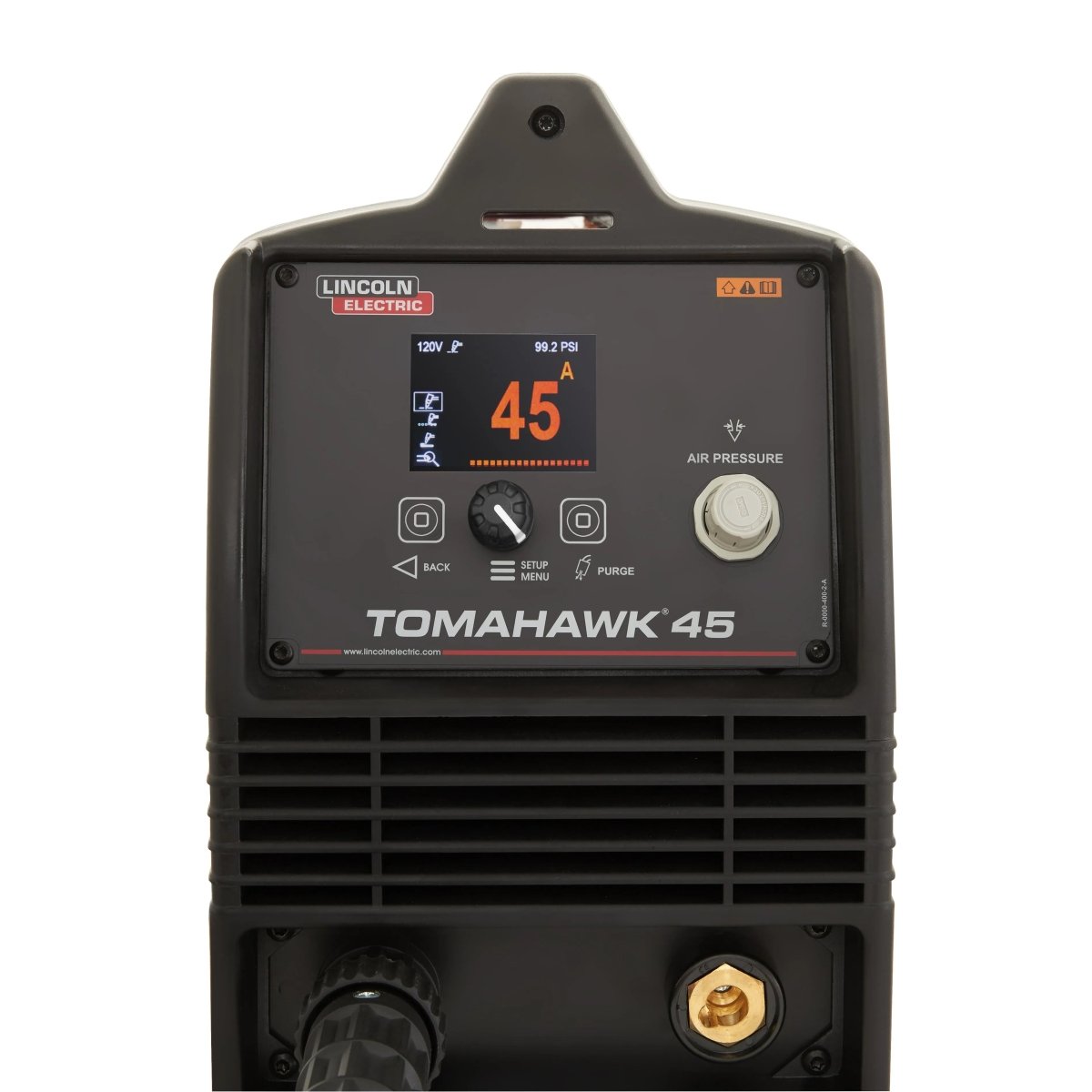 Lincoln Tomahawk 45 plasma cutter with 20' hand torch, control panel, digital display, ports, and air gauge for welding pros.