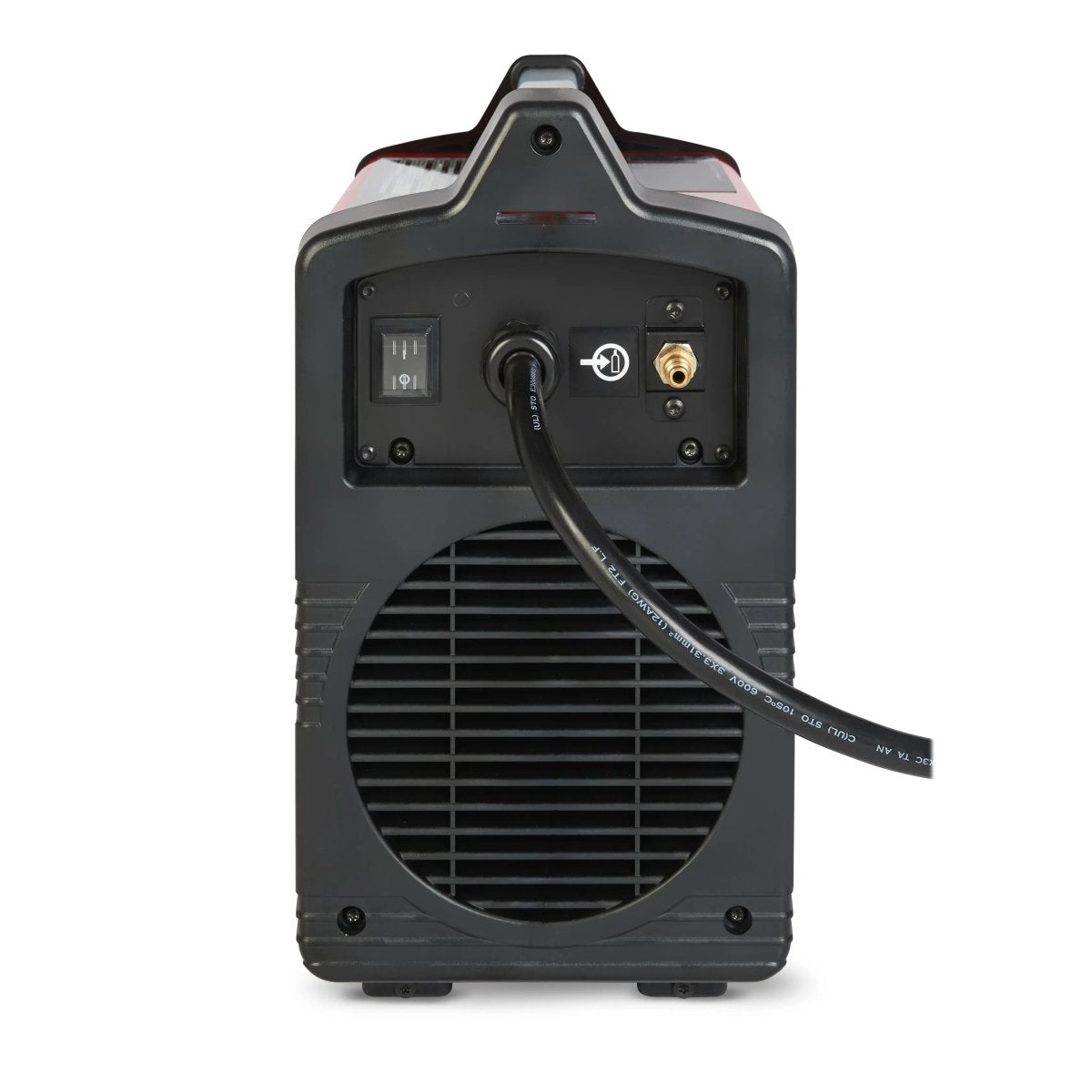 Lincoln Tomahawk 45 plasma cutter rear view with 20' hand torch, power switch, fan, cord, brass connector, vented panels—WeldingMart.