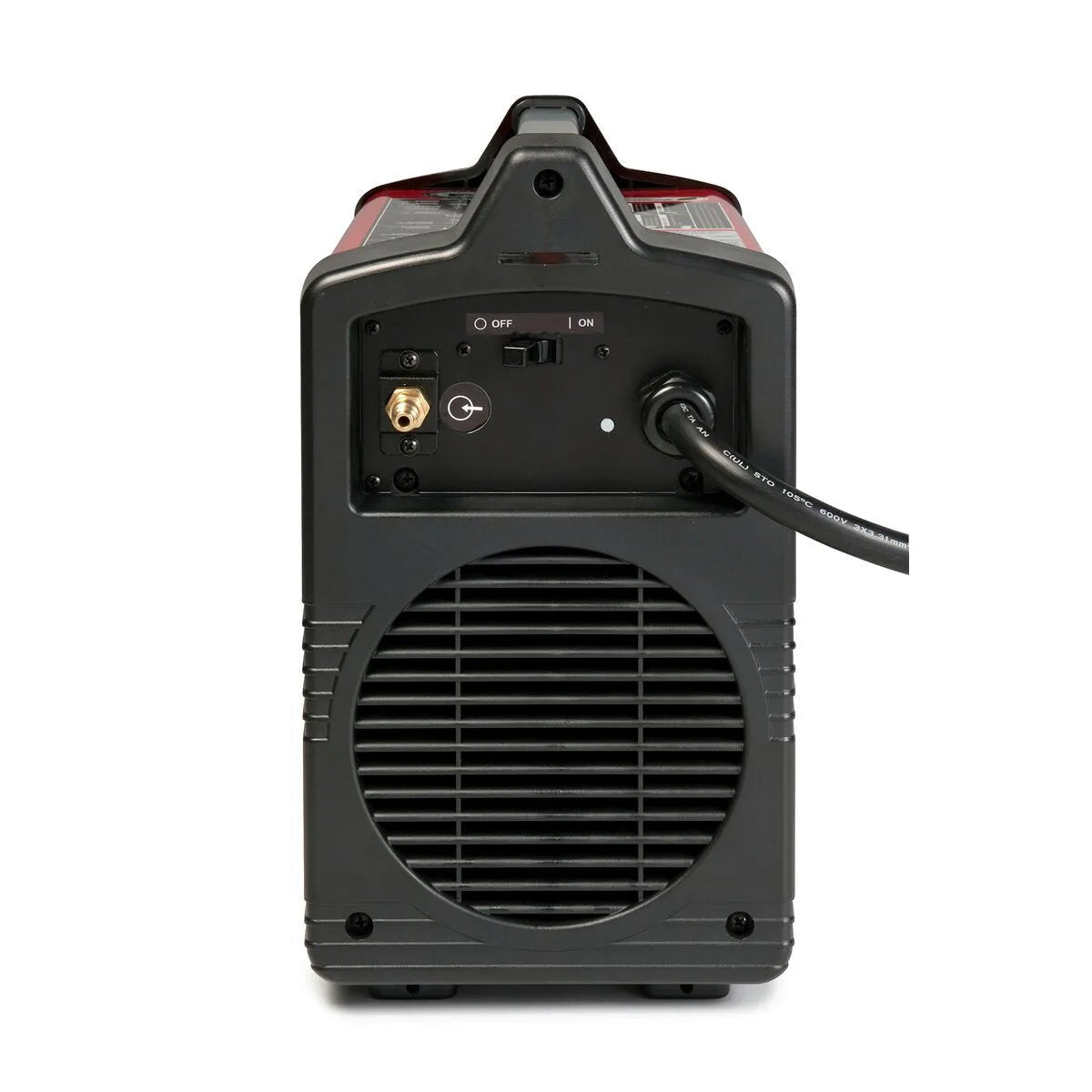 Rear view of black and red portable generator with vents, switch, socket, and cord—compatible with Lincoln Tomahawk 625 plasma cutter.