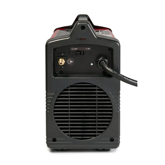 Rear view of black and red portable generator with vents, switch, socket, and cordβcompatible with Lincoln Tomahawk 625 plasma cutter.