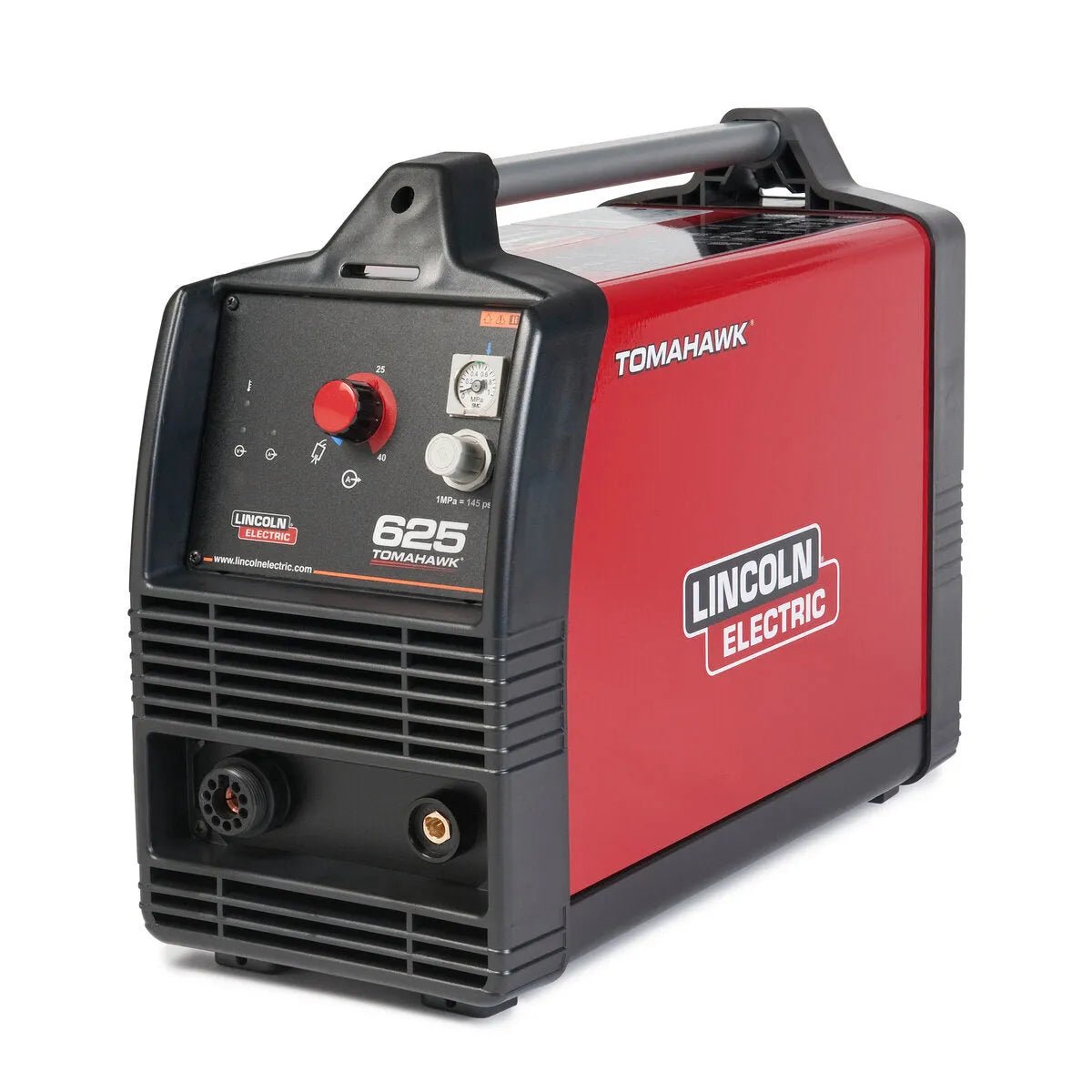 Lincoln Tomahawk 625 Plasma Cutter K2807-1, welding tool with 20 ft torch, control knob, carry handle, red/black design.
