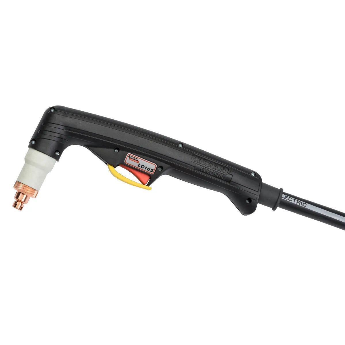 The Lincoln Tomahawk LC105 Handheld Plasma Torch 25 ft. (K2849-1) features a copper nozzle, ergonomic black handle with yellow trigger, angled head, and attached cable, designed for precise plasma cutting with Tomahawk 1500 systems.