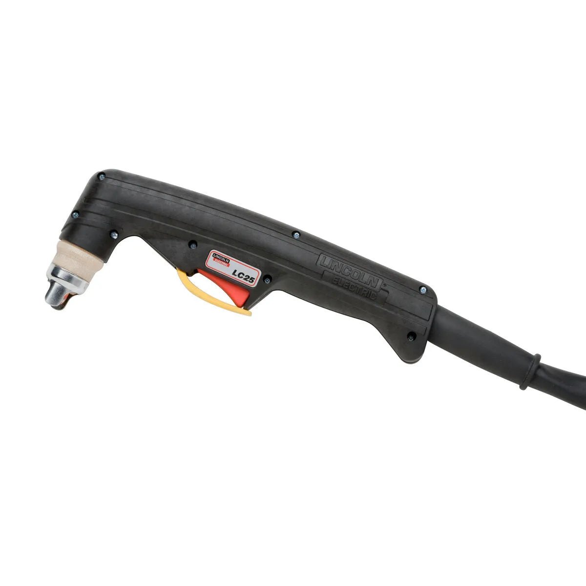 A black Lincoln Tomahawk LC25 Handheld Plasma Torch (10 ft, K2846-1) features a curved handle, trigger, attached cable, metallic tip with beige ring, and a red/white LC25 label—compatible with the Tomahawk 375 plasma cutter.