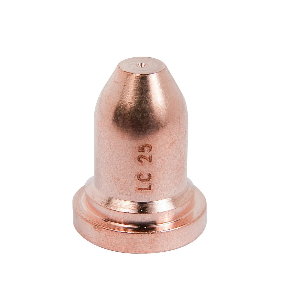 A copper-colored metal nozzle with the marking LC 25 engraved on its side, likely a Lincoln plasma consumable for a plasma cutter such as the Tomahawk 375 AIR, standing upright against a white background.