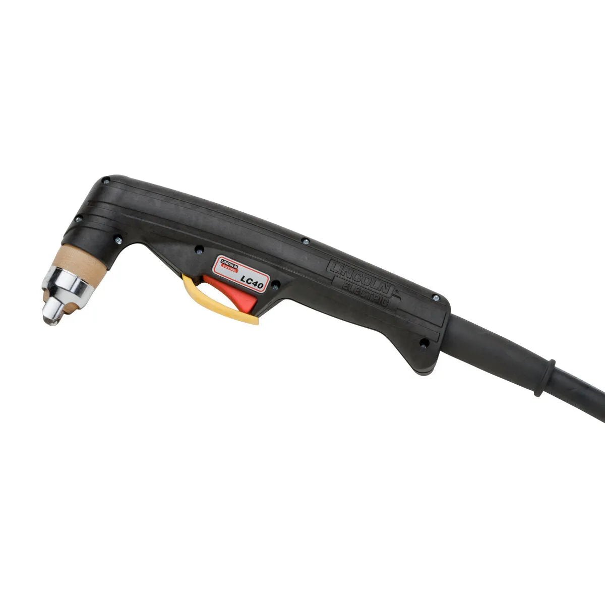 A black Lincoln Tomahawk LC40 Handheld Plasma Torch (20 ft, K2847-1) features a curved handle, orange safety trigger, gray nozzle tip, and red/white label. It’s attached to a thick black cable extending out of the frame.