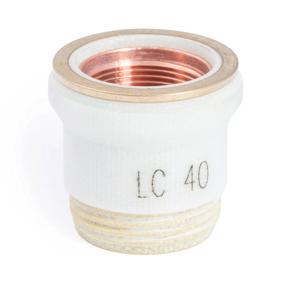 A white cylindrical Lincoln Tomahawk LC40 Retaining Cap (Gouging KP2843-6) with a copper-lined threaded interior, metallic rim, LC 40 in black text, visible bottom threading, shown on a plain white background.