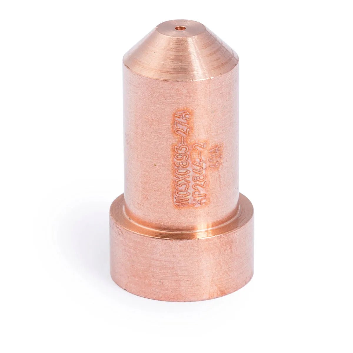 The Lincoln Tomahawk LC65 Nozzle, 40A KP2844-2 is a copper-colored cylindrical plasma cutter nozzle with a conical tip and visible technical engravings, designed for the Tomahawk 1000. It stands upright on a white surface, ideal for precise plasma cutting.
