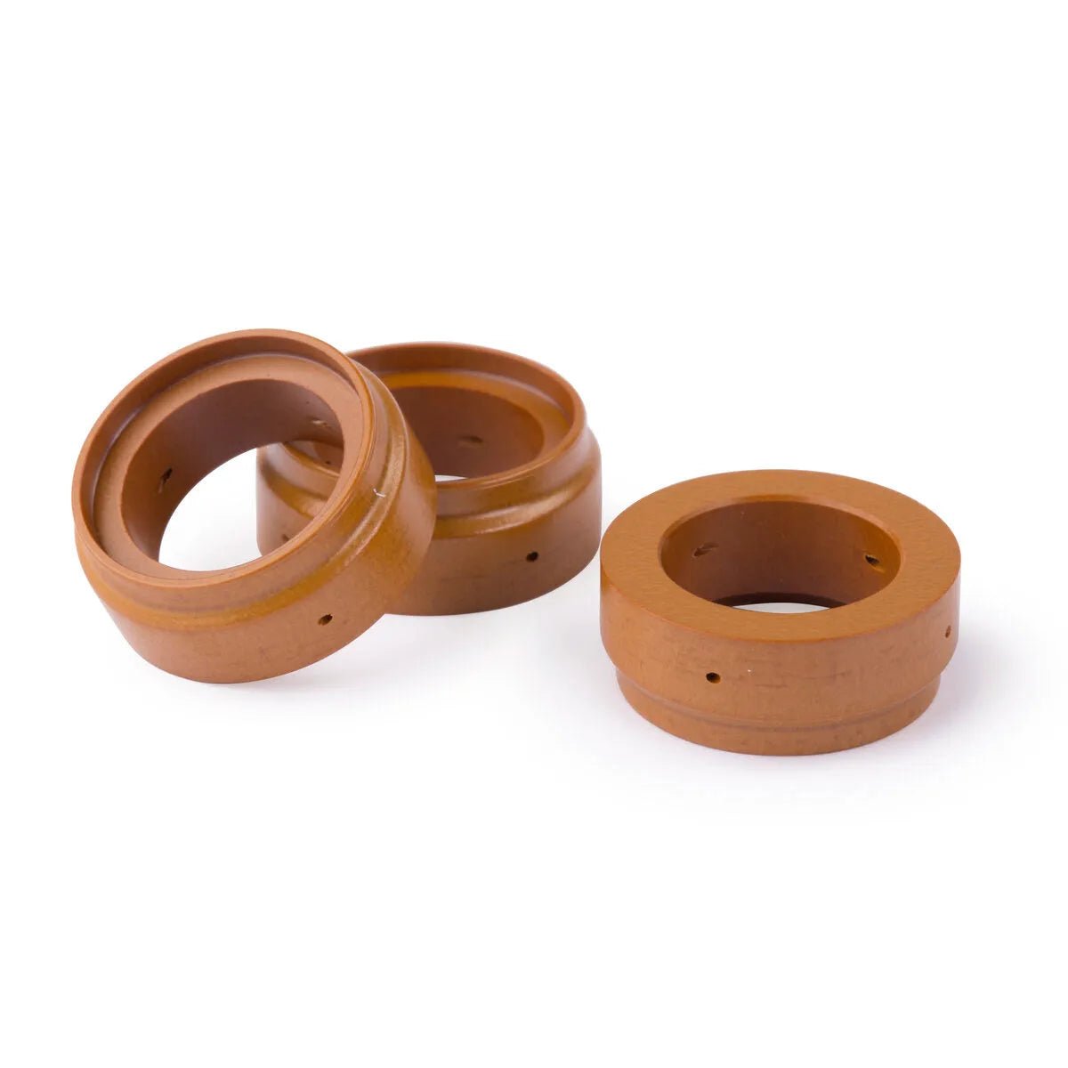 Three brown, circular Lincoln Tomahawk LC65 Swirl Rings (40A, 50A, KP2844-14) are shown. Each features a hollow center and side holes, arranged on a plain white background with two upright and one lying flat.