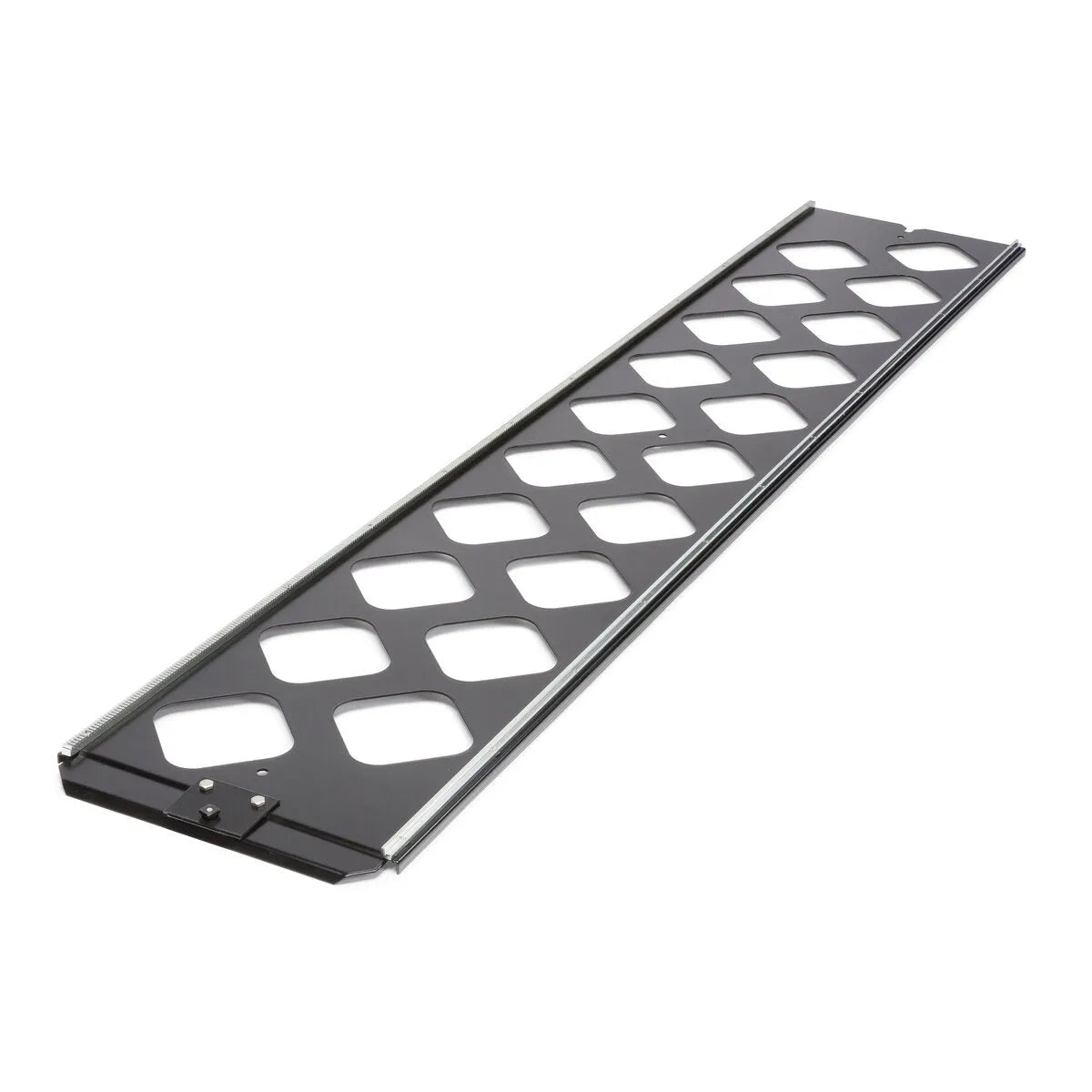The Lincoln Track Section K396 is a long, black metal ramp with large diamond-shaped cutouts for traction, slightly raised edges on both sides, and a solid section at one end, modeled after the LT-7 Track Model.