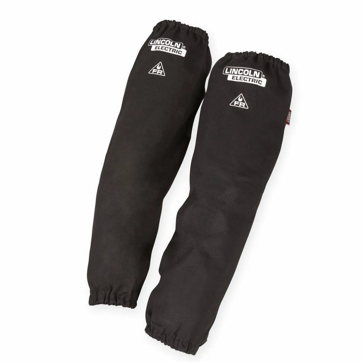 Pair of black Lincoln K4827-ALL Traditional 21 in. flame retardant cotton welding sleeves with elastic at both ends and white Lincoln Electric logo, providing durable industrial safety protection. Shown on a plain white background.