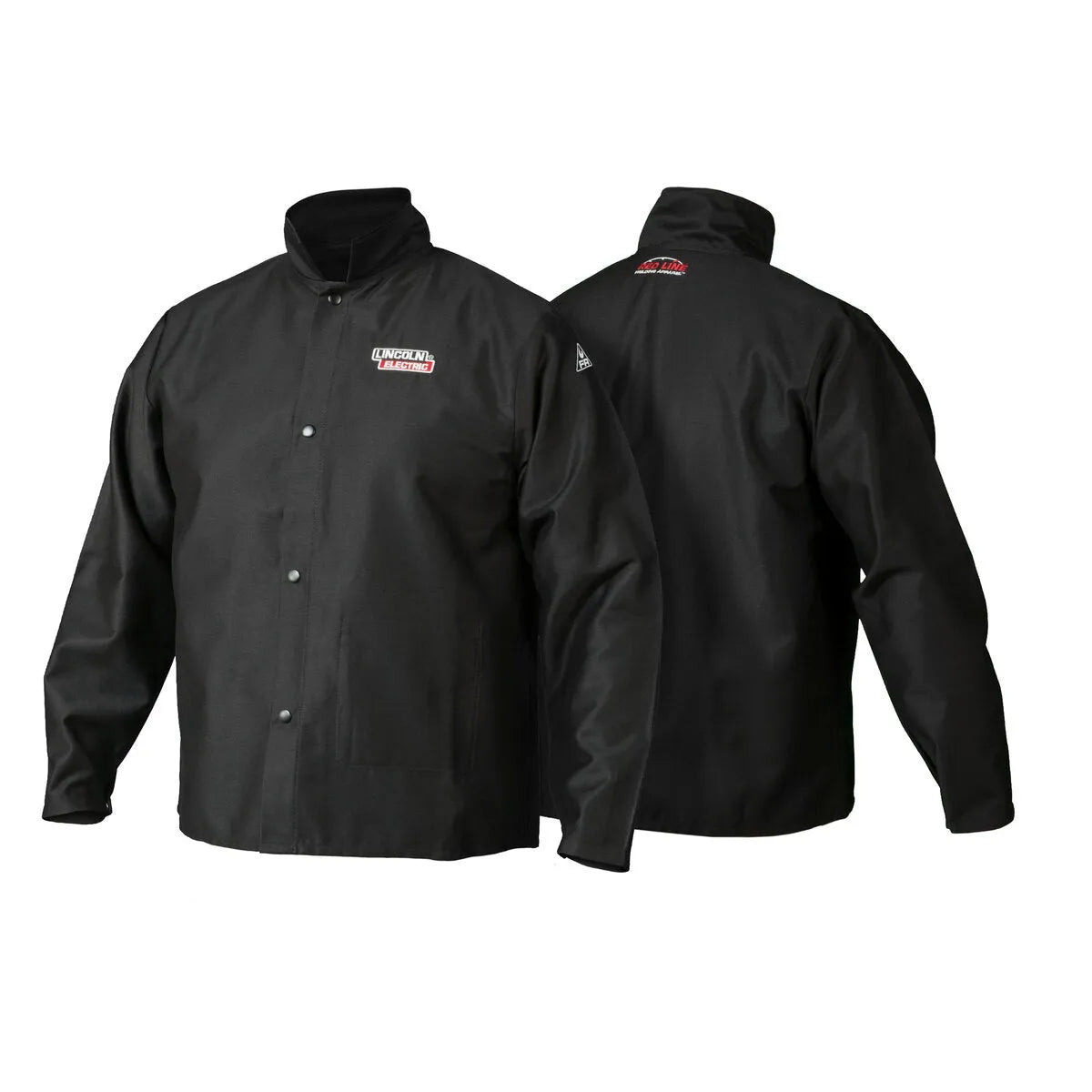 Two views of the Lincoln K2985-XL Traditional FR Cloth Welding Jacket XL in black are shown. The front has snap buttons and a small chest logo; the back features a red logo below the collar. Made from flame retardant cotton, its machine washable and durable.