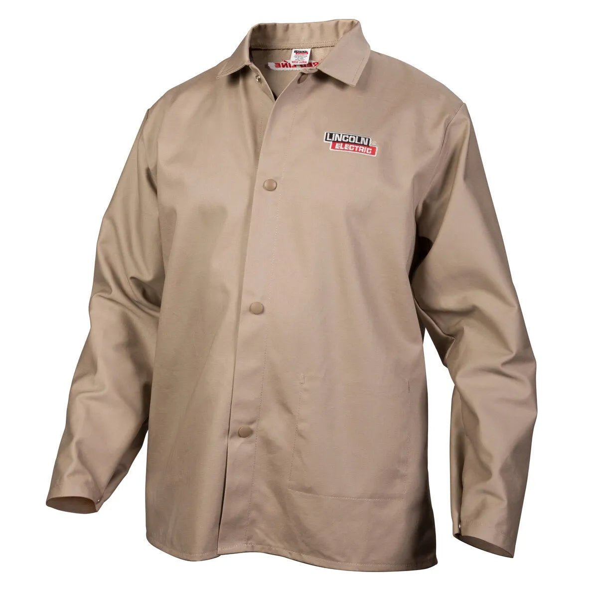 The Lincoln K3317-2XL Traditional Khaki FR Cloth Welding Jacket, 2XL, features long sleeves, a collar, snap front buttons, and a Lincoln Electric logo patch. Ideal for industrial or welding use with its flame-retardant design.