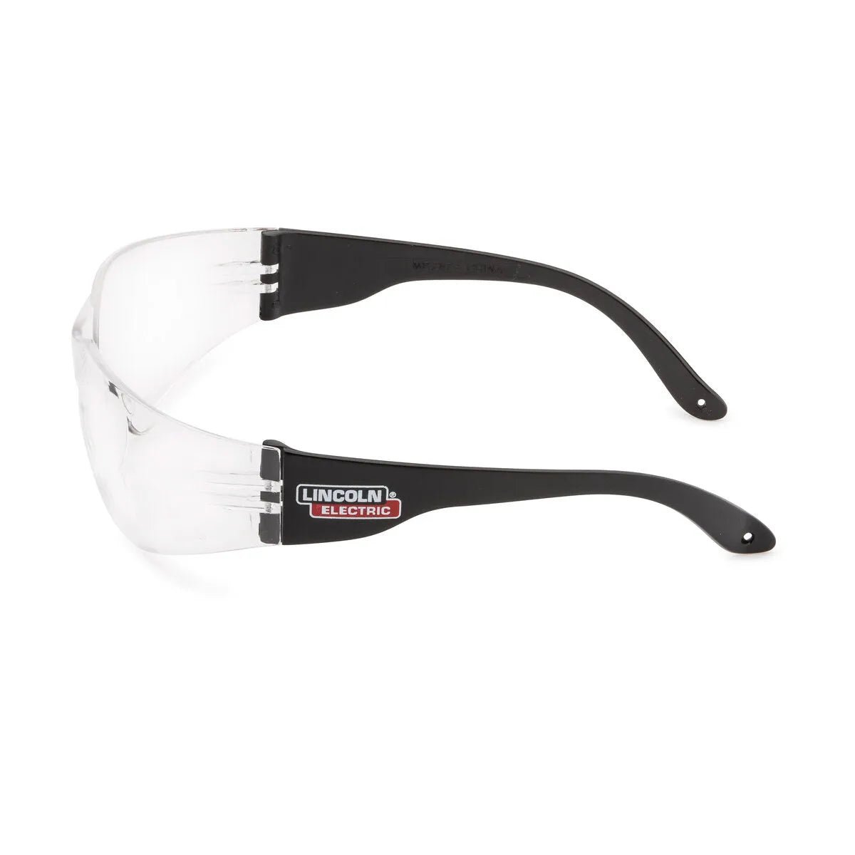Lincoln K3104-1 Clear Welding Safety Glasses with black arms, ANSI Z87.1 rated, Lincoln Electric logo—essential welding accessory.