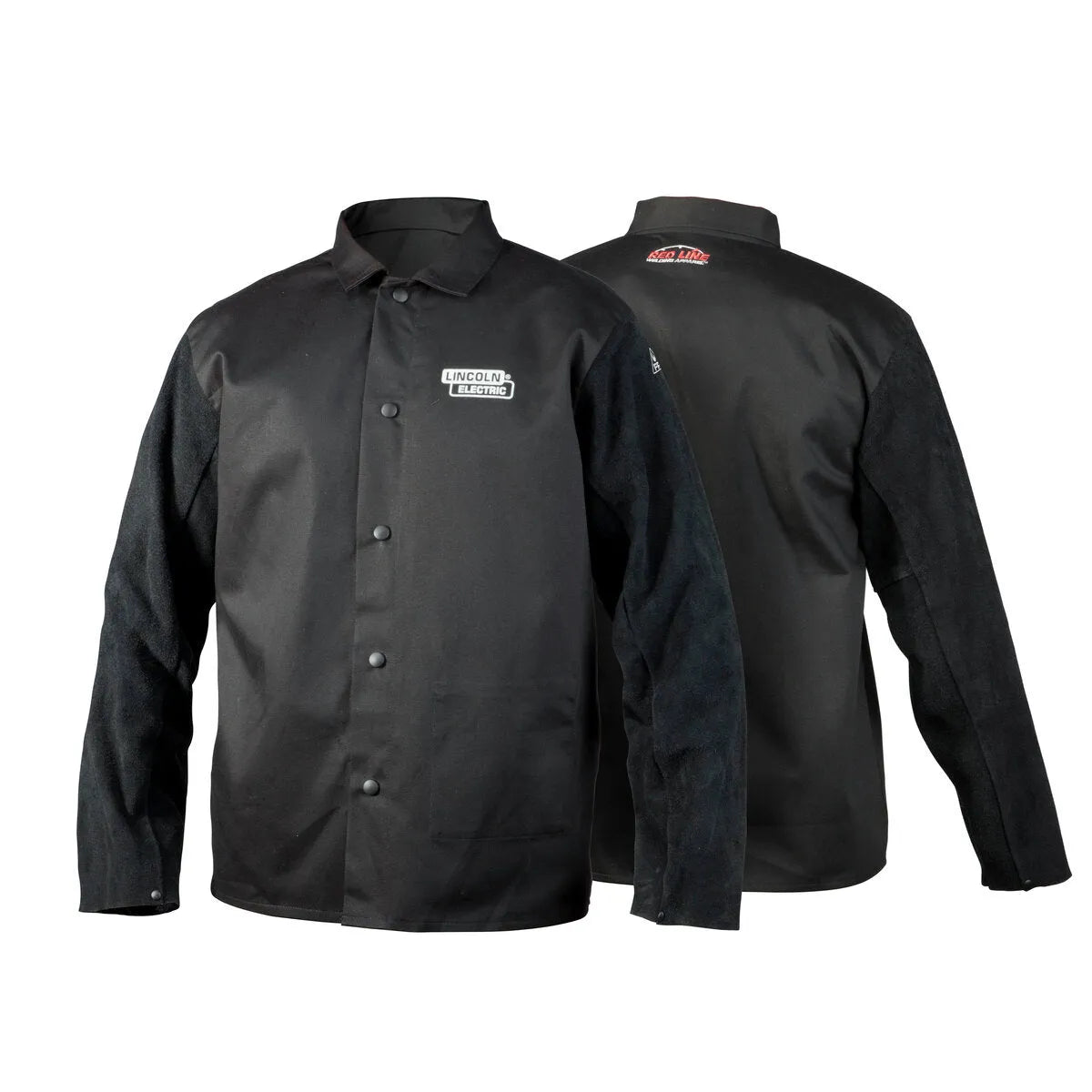 Front and back view of the flame retardant welding jacket with snap buttons and suede sleeves. The front features a Lincoln Electric logo on the left chest. This split leather welding jacket offers both style and reliable protection.
