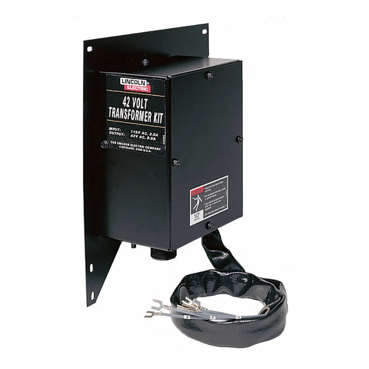The Lincoln Transformer Kit 42 Volt K1520-1 features a black metal housing on a rectangular wall plate, with the Lincoln Electric logo, specs, and caution label on the front, plus a coiled cable with exposed wire connectors at the bottom.