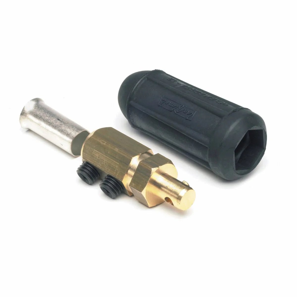 A brass and metal electrical connector with two black screws, shown next to a black rubber protective cover. This cylindrical welding cable connector with a hexagonal section in the middle is designed for 400 amp capacity.