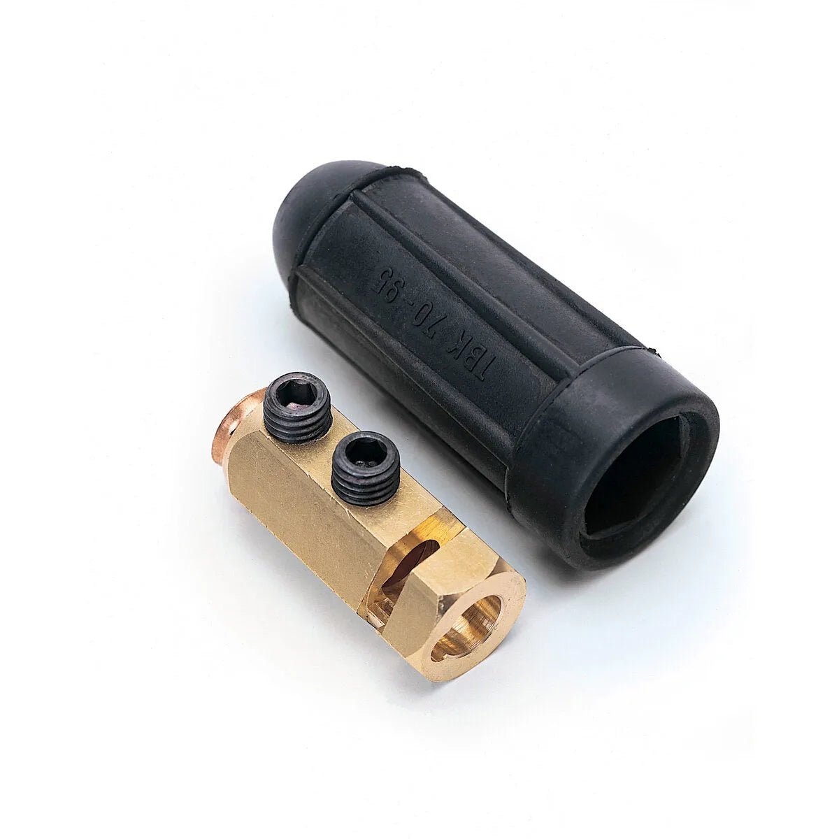 A brass cable connector for 2/0-3/0 cable with two black screws sits next to a black cylindrical rubber cover on a white background.