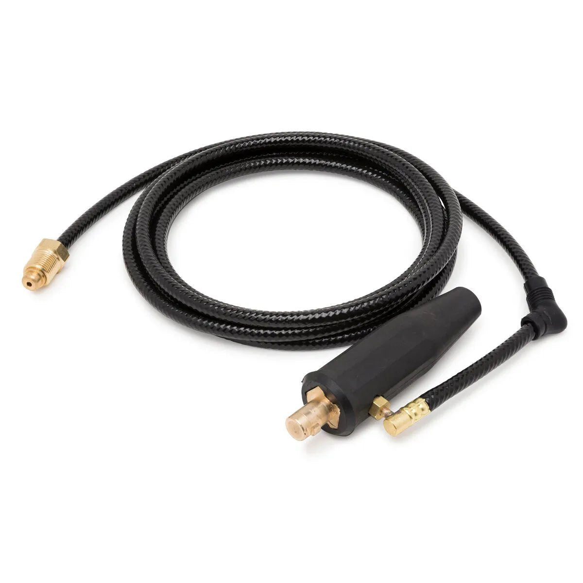 A black braided PRO-Torch TIG welding torch hose with brass fittings and a black handle attached, featuring a Twist Mate connection, coiled neatly on a white background.