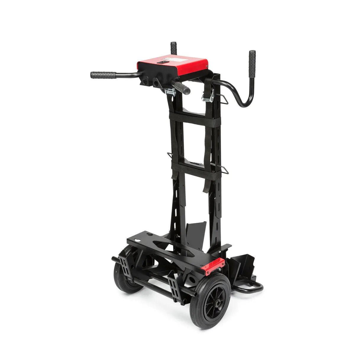 The Lincoln Two Wheeled Cart K4441-1 is a foldable electric stair-climbing hand truck with two large wheels, a sturdy metal frame, black handles, and a red control box on top for easy cable management when moving heavy loads.