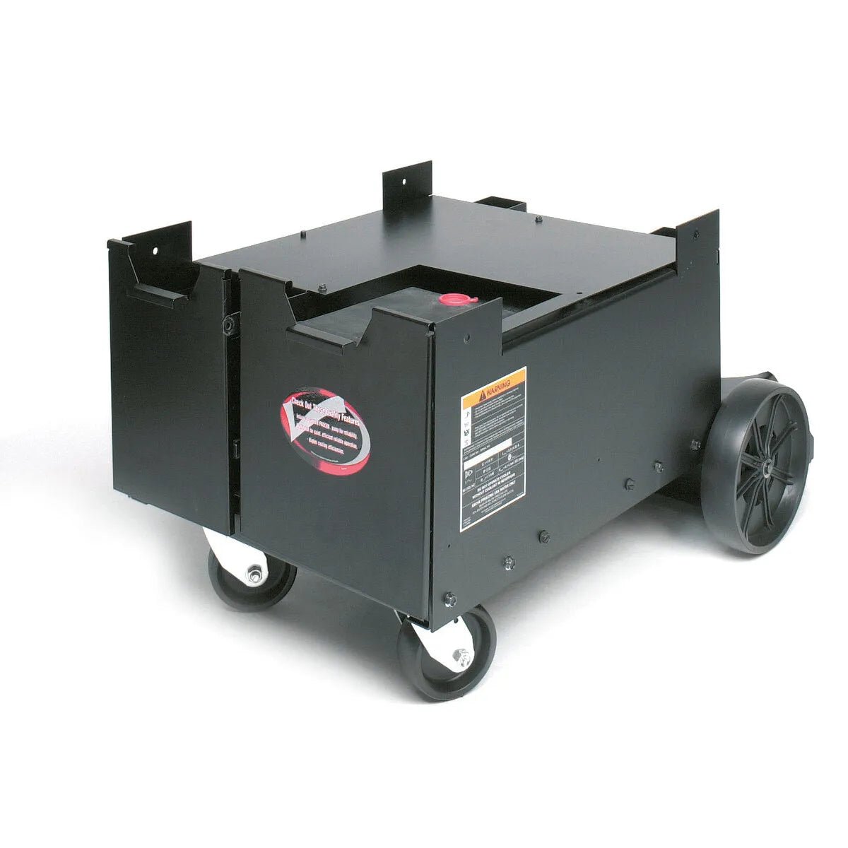 A black Lincoln Under-Welder Cart with two large rear wheels, two smaller front swivel wheels, and warning labels on its side. The flat top surface is ideal for holding Precision TIG equipment or serves as a Water Cooler Cart.