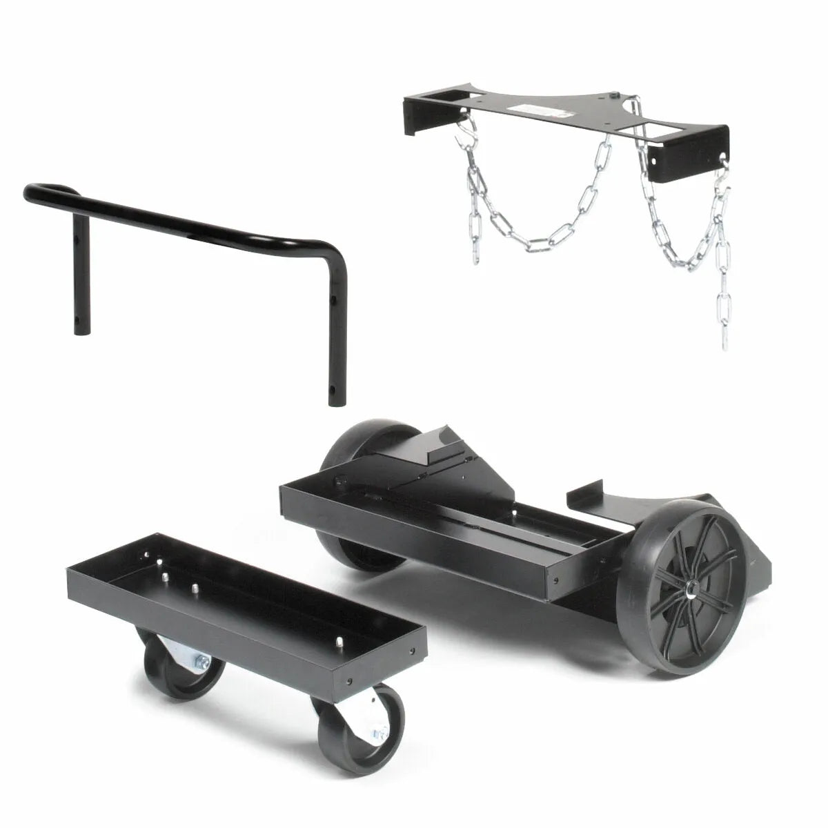 Disassembled black metal welder cart with two large wheels, a smaller swivel wheel, handle, footplate, and chain bracket—ideal for Lincoln undercarriage or Precision TIG 275—shown on a white background.