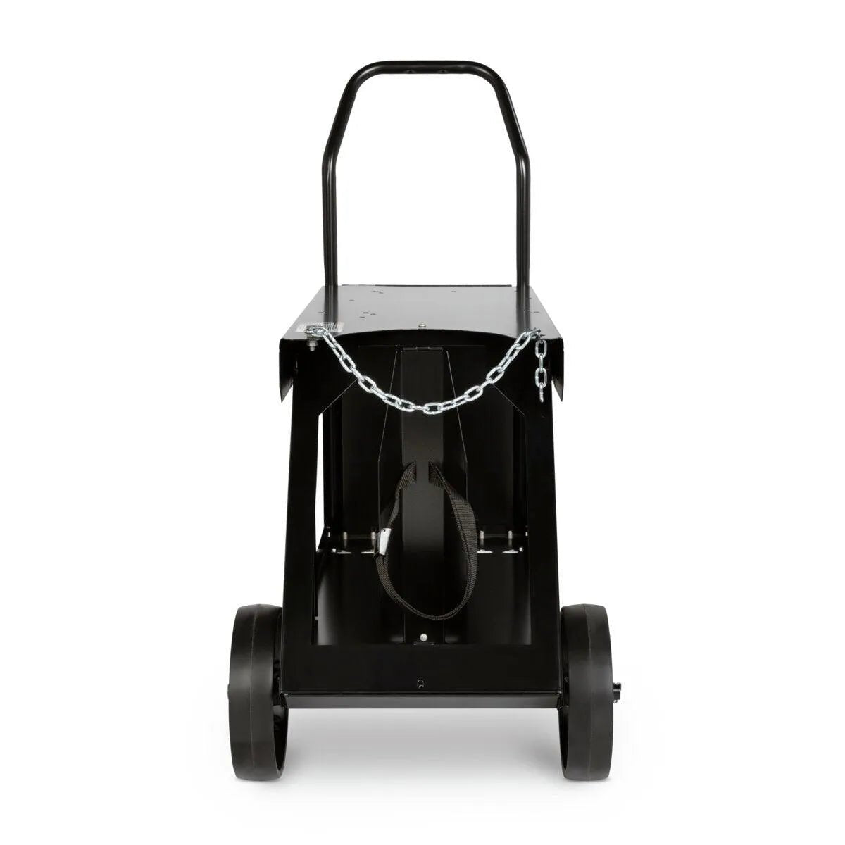 The Lincoln Utility Cart (150 cu.ft bottle capacity) K520-1 is a black metal gas cylinder cart with two large wheels, a rectangular platform, tall handle, front chain, and an under-strap for securing cylinders. Photographed on a white background.