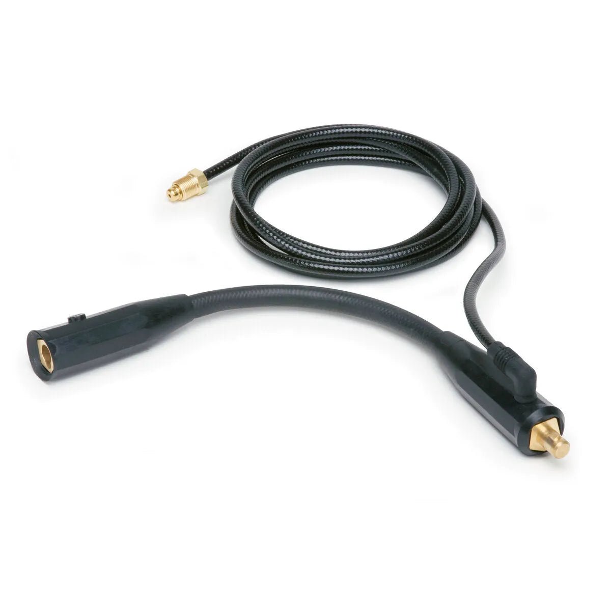A black coaxial cable with gold-plated male and female RCA connectors on each end, featuring a flexible, coiled design—ideal for applications like PRO-Torch TIG setups or connecting to a Valve TIG Torch.
