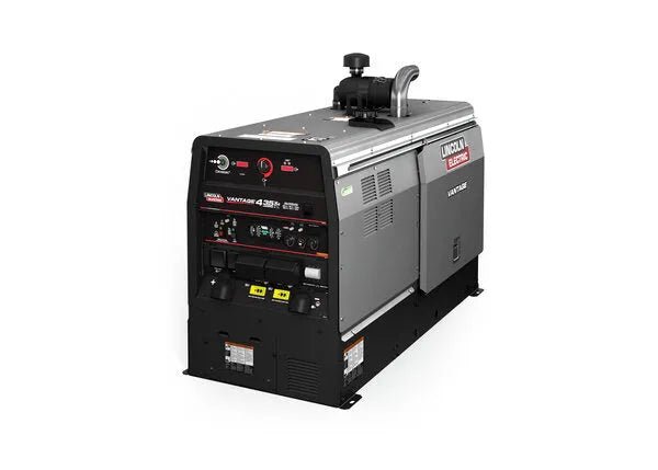 The Lincoln Vantage 435X Ready-Pak 1 Engine Driven Welder Deutz (K4107-3-RP1) features a black and gray metal body, multiple front panel controls, vented sides with the red Lincoln Electric logo, and is shown on a white background.